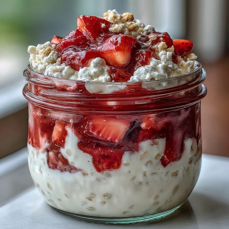 A healthy, make-ahead breakfast featuring creamy cottage cheese oats swirled with sweet strawberry compote.