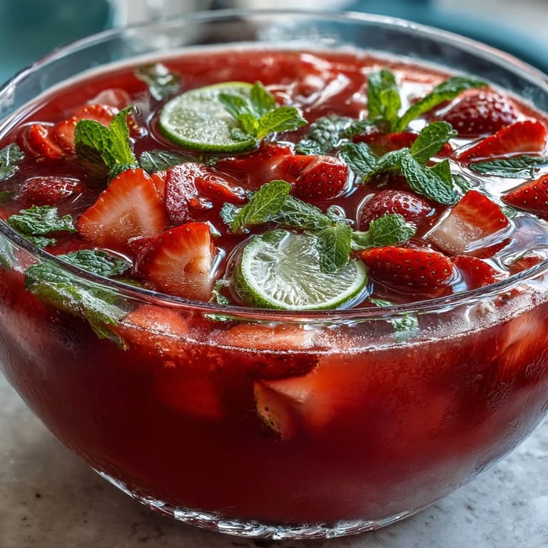This refreshing strawberry daiquiri punch bowl combines rum, lime juice, and club soda with frozen strawberries for a chilled, festive drink.