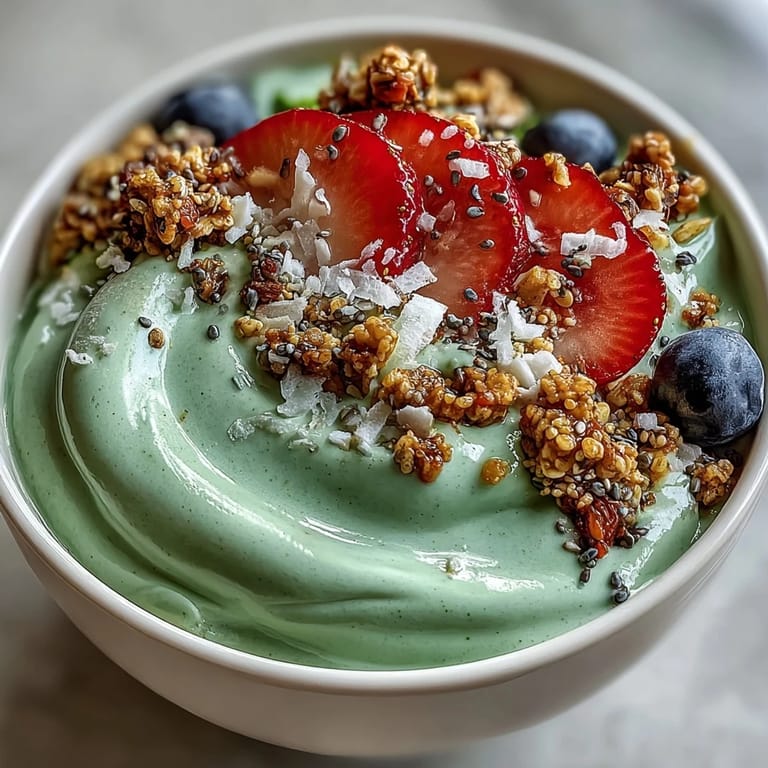 Creamy matcha smoothie bowl topped with strawberries, blueberries, chia seeds, and coconut flakes for a vibrant, healthy treat.