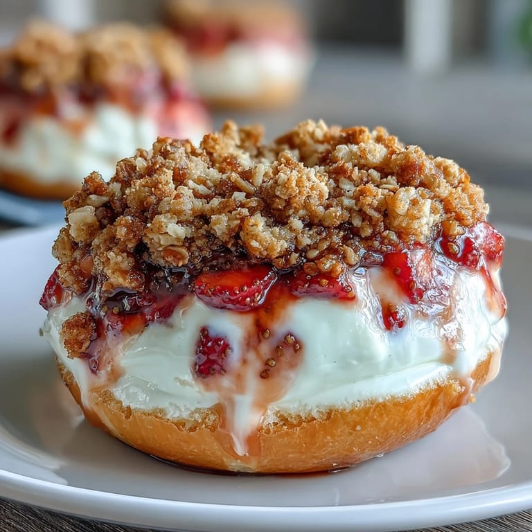High-protein strawberry bagels filled with cheesecake swirl and finished with buttery crumble for a healthy breakfast treat.  