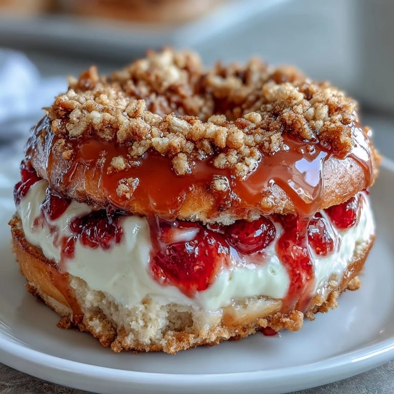 Soft protein bagels bursting with fresh strawberries, rich cheesecake center, and sweet crumble topping, perfect for brunch or snacks.