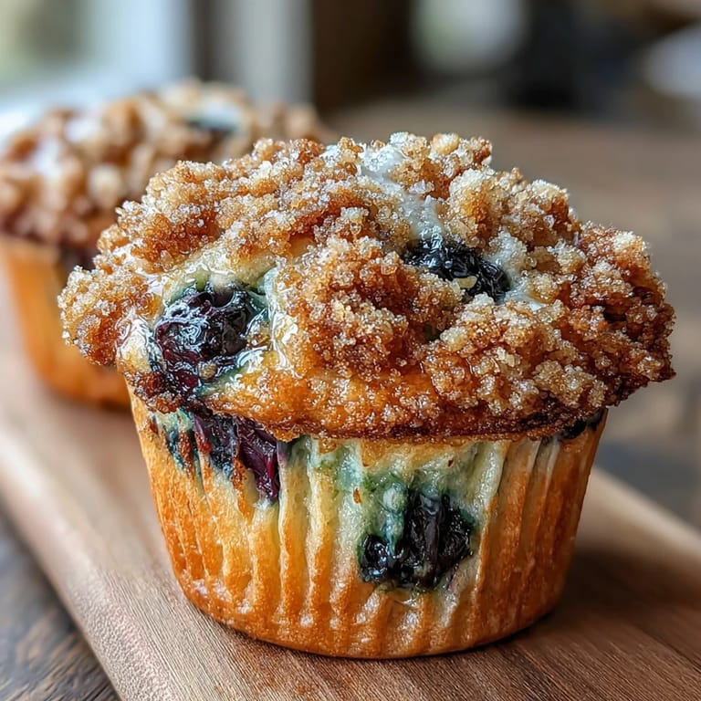Golden muffins infused with tangy lemon zest and fresh blueberries, each topped with a sweet, crumbly streusel for a bakery-style treat.
