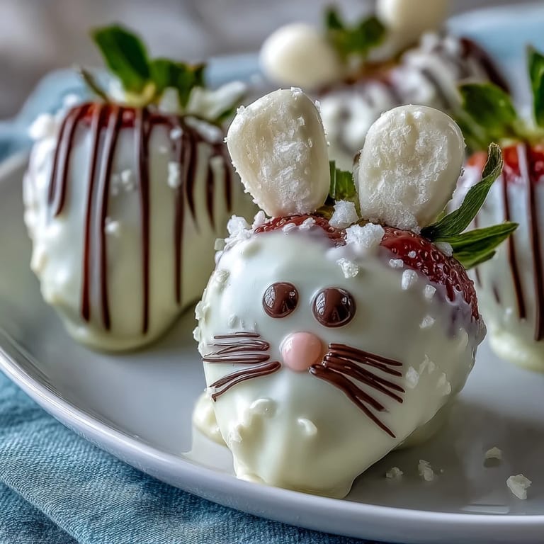 Festive Easter dessert featuring strawberries coated in white chocolate and transformed into charming bunny shapes with candy details.