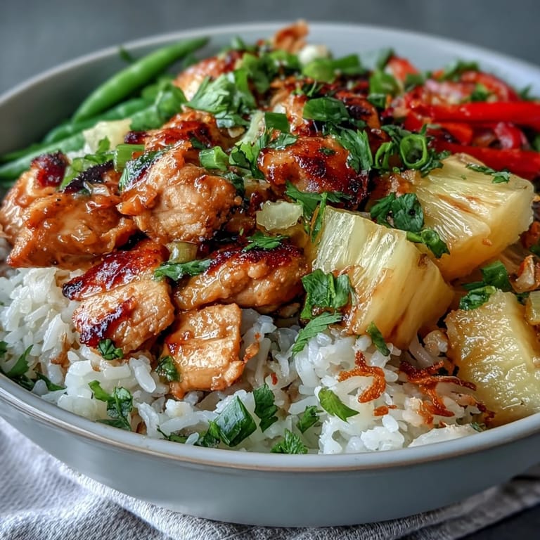 Tropical chicken and pineapple rice bowls with tender chicken, crisp vegetables, and toasted coconut, served over creamy coconut-infused jasmine rice.  