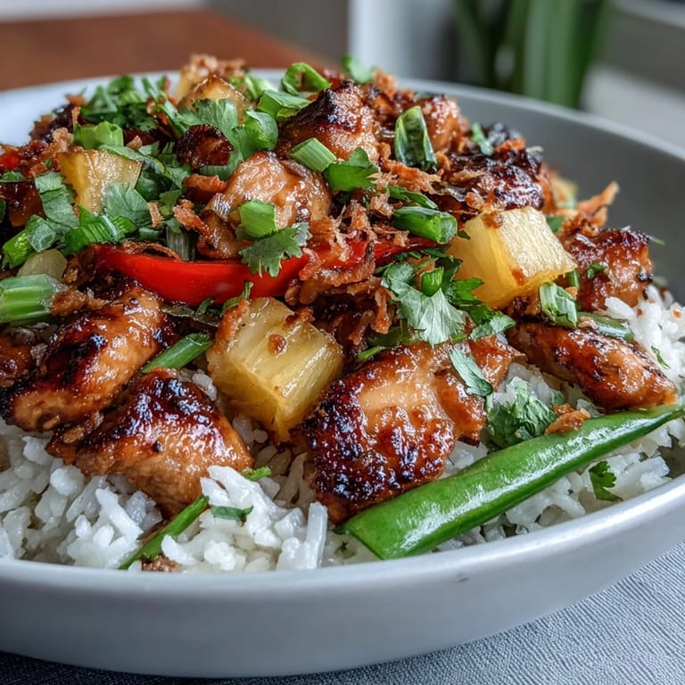 Coconut rice bowls featuring savory chicken, bright pineapple chunks, and colorful veggies, topped with cilantro and crunchy toasted coconut.