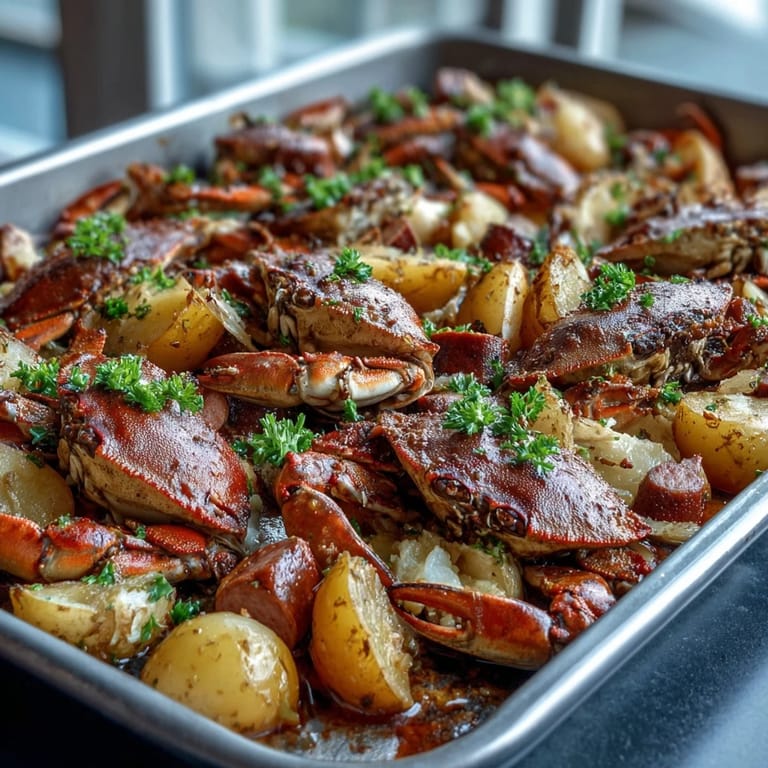A festive table piled high with crawfish, sausage, and vegetables, drizzled with butter and fresh parsley.