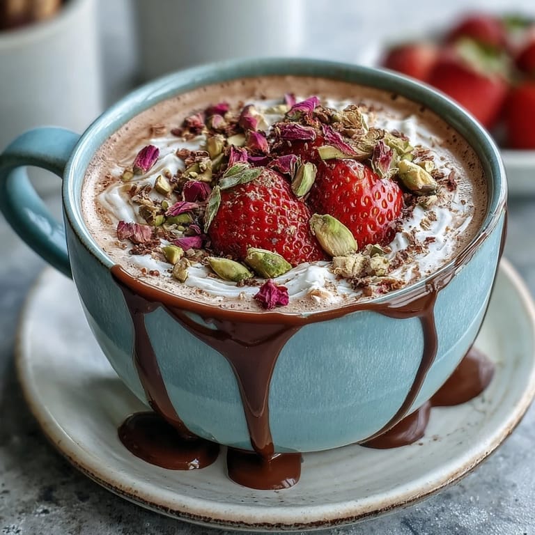 Golden kataifi pastry cups filled with strawberries, dark chocolate ganache, and pistachio garnish for a stunning dessert.