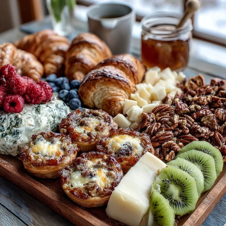 Festive Mothers Day brunch board featuring savory mini quiches, colorful berries, grapes, and assorted cheeses for a beautiful spread.