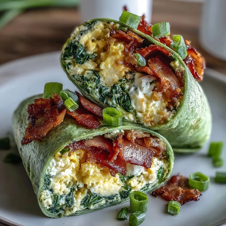 Wholesome green eggs and ham breakfast wraps with vibrant spinach tortillas, creamy scrambled eggs, savory ham, and fresh herbs, perfect for busy mornings.