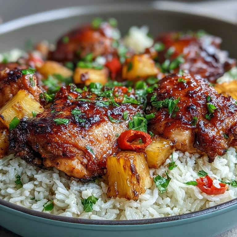 Sweet and savory pineapple chicken and rice casserole with tender chicken and juicy pineapple chunks.