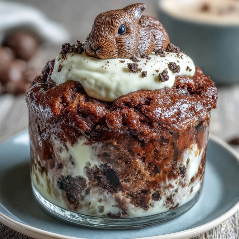 Layered chocolate pudding and crushed Oreos topped with whipped cream and festive Easter bunny candies in clear cups.  
