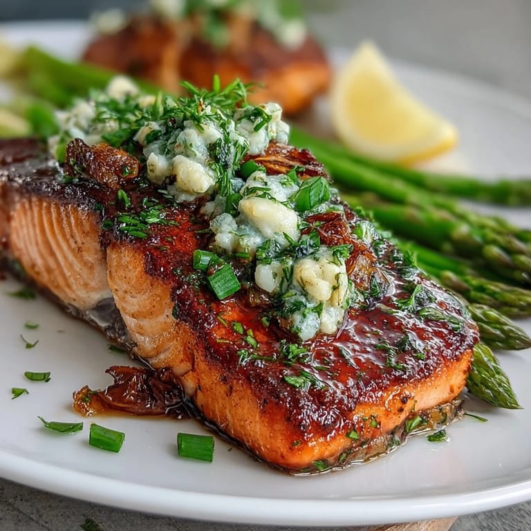 Garlic butter salmon with asparagus, tender fish fillets drizzled in rich sauce and served alongside crisp green vegetables.