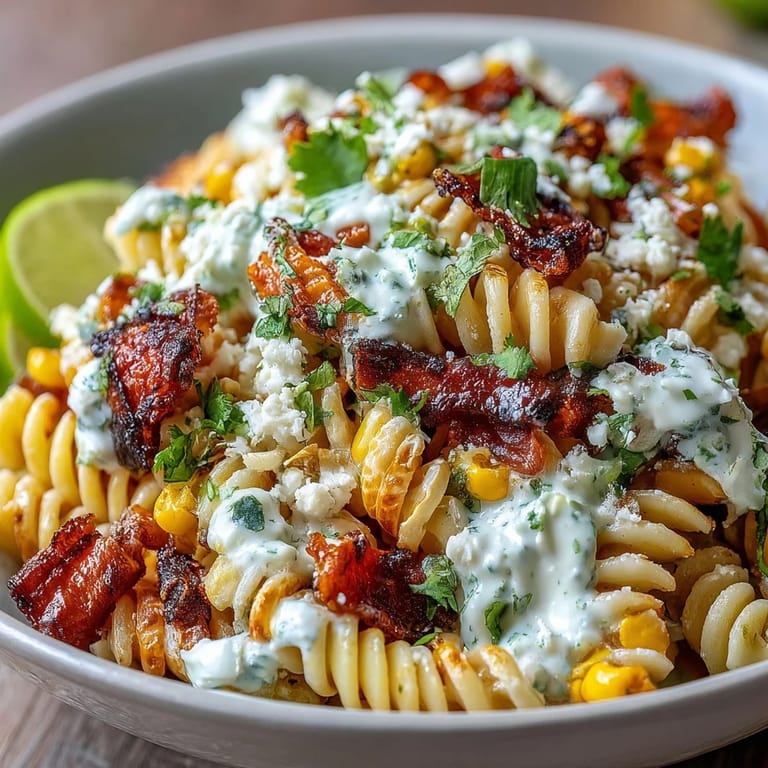 Vibrant Mexican Street Corn Elote Pasta Salad featuring tangy lime dressing, fresh cilantro, and smoky charred corn.