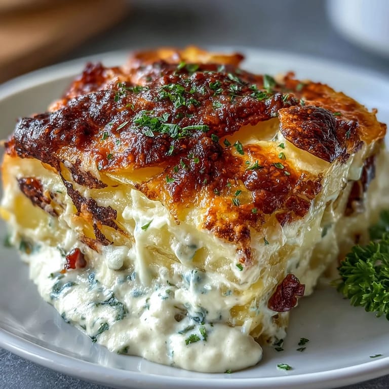 A bubbling casserole of Au Gratin Potatoes, featuring velvety Gruyère and Parmesan cheese over thinly sliced potatoes.