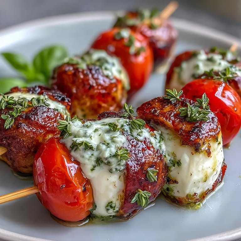 Colorful Caprese skewers with pesto, featuring juicy tomatoes, creamy mozzarella, and aromatic basil leaves, finished with a zesty homemade pesto sauce.