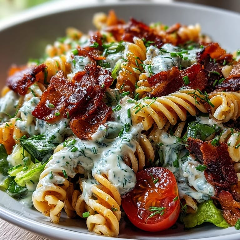 Creamy avocado ranch BLT pasta featuring tender rotini, smoky bacon, juicy tomatoes, and crisp romaine, tossed in a dreamy green dressing.