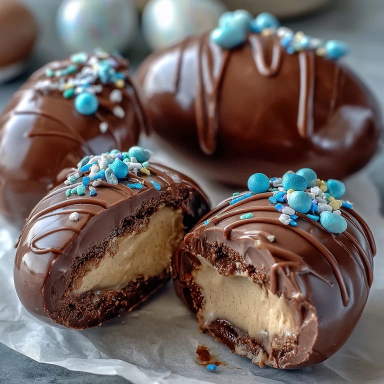 Homemade peanut butter eggs coated in glossy chocolate, ideal for holiday candy baskets.