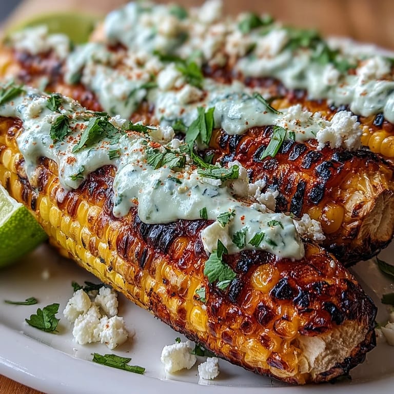 Mexican street corn grilled to perfection, coated in rich, zesty sauce and sprinkled with spices.