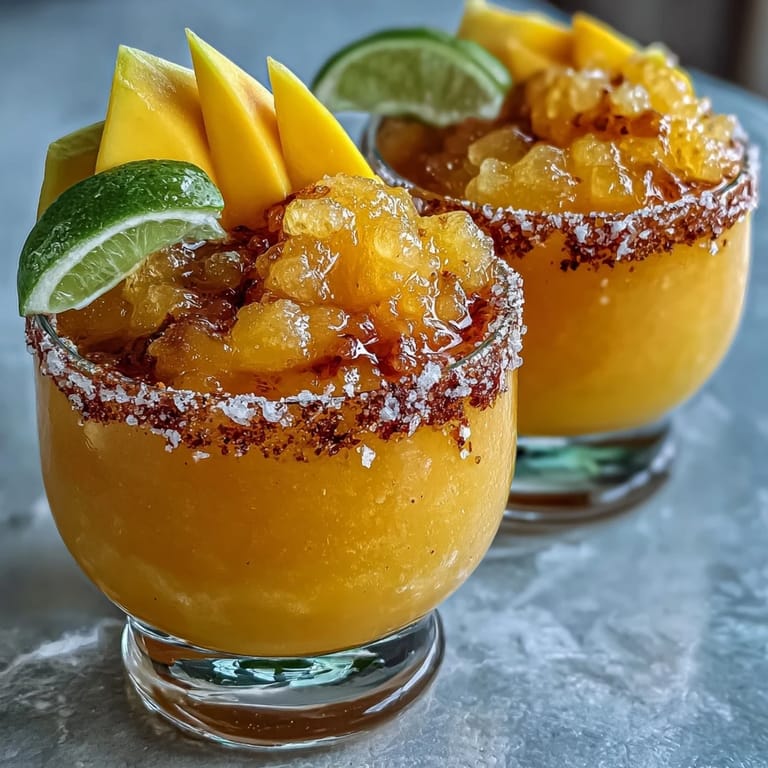 Refreshing mango-lime slush with Tajín-spiced rim, garnished with fresh lime and mango slices.