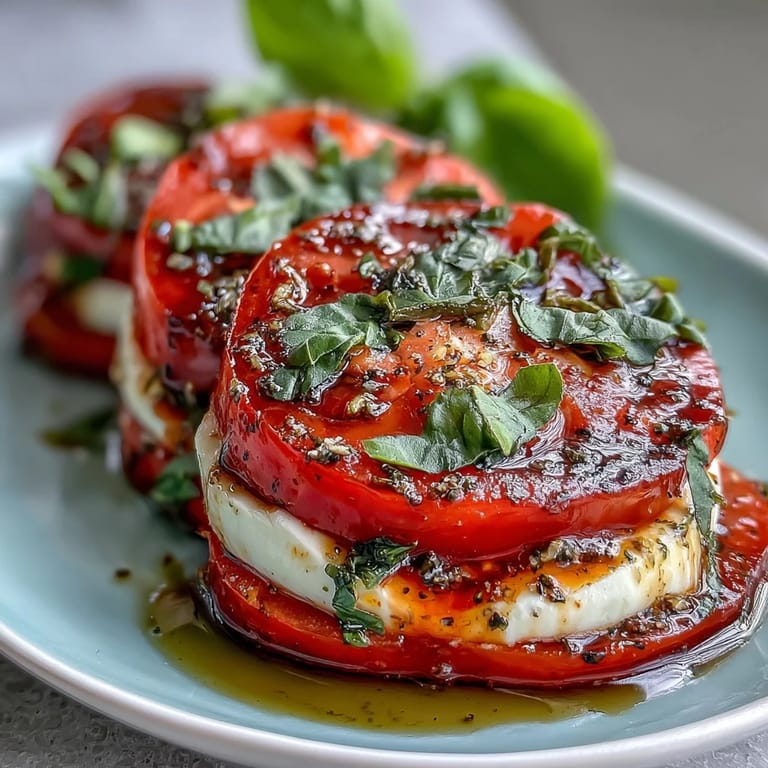 Creamy mozzarella and juicy tomatoes layered with basil leaves, finished with aromatic basil oil for a refreshing Caprese salad.