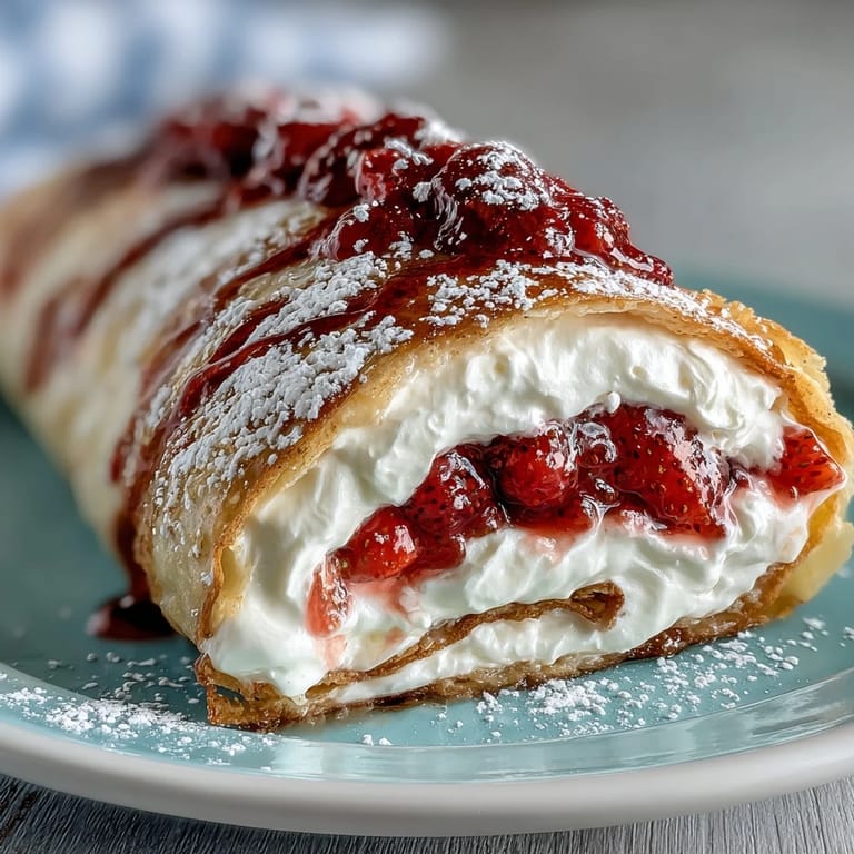 Decadent crepe roll cake featuring thin French crepes, lightly sweetened whipped cream, and vibrant berries for a stunning dessert centerpiece.