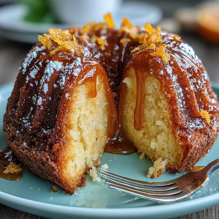 Viral whole orange cake with moist crumb and deep citrus notes, served on a rustic plate with powdered sugar.