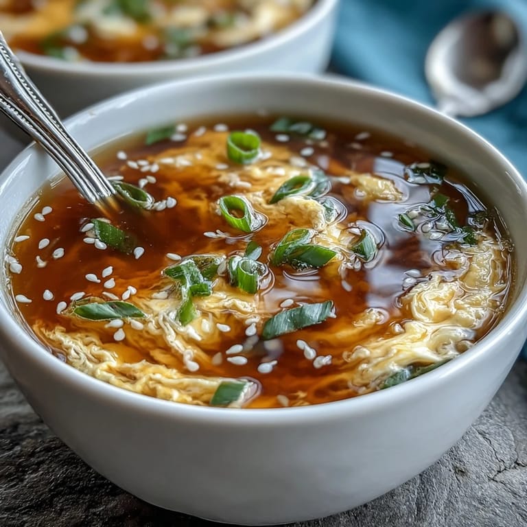 Delicate strands of egg float in aromatic, seasoned broth, showcasing a classic homemade egg drop soup ready to serve.