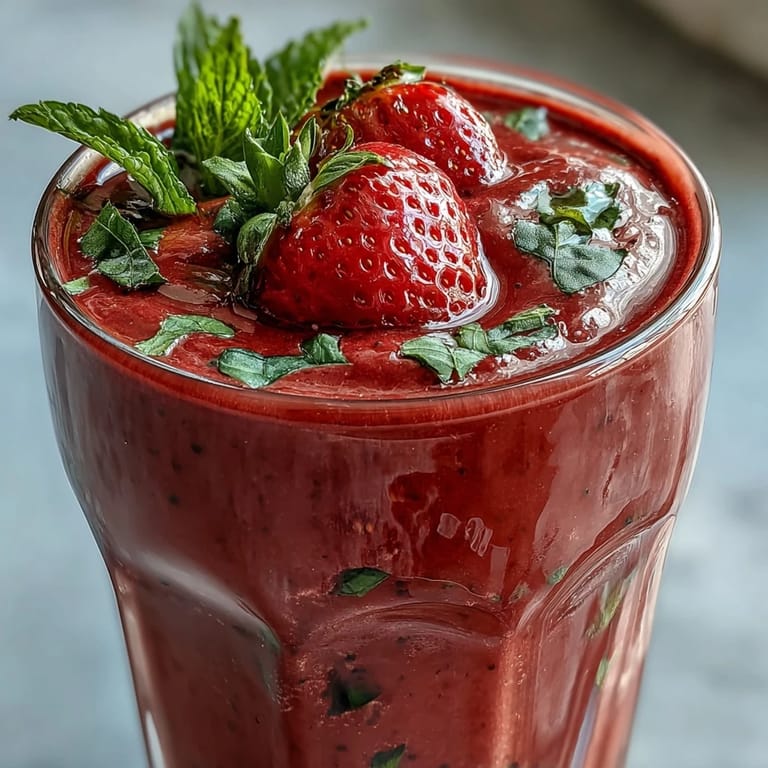 Creamy strawberry spinach smoothie with frozen banana and almond milk, garnished with sliced strawberries and a sprinkle of flaxseed.