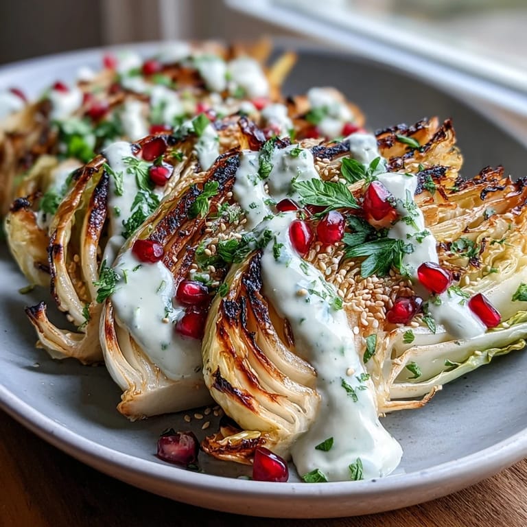 Charred cabbage wedges topped with smooth tahini sauce, chopped parsley, and bright pomegranate seeds—an easy, vegan side dish full of texture and taste.