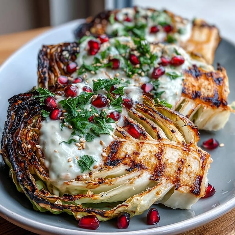 Grilled cabbage wedges served with rich tahini sauce, fresh parsley, and sweet-tart pomegranate seeds—a colorful, gluten-free appetizer or side perfect for any meal.