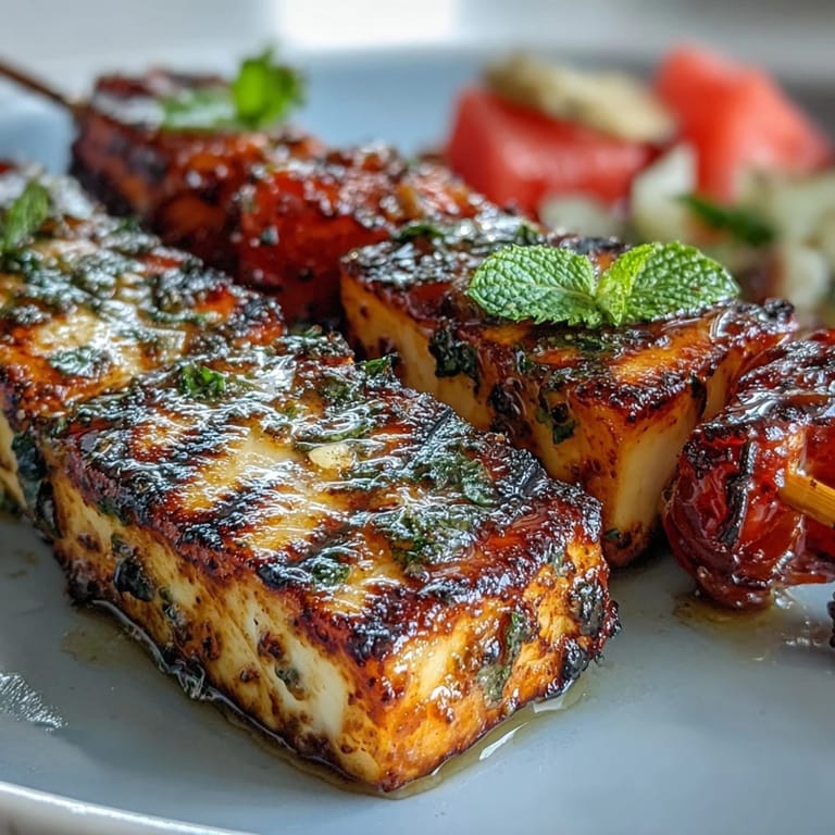 Golden halloumi cubes grilled to perfection with caramelized watermelon and mint leaves make these skewers a colorful, flavorful starter.