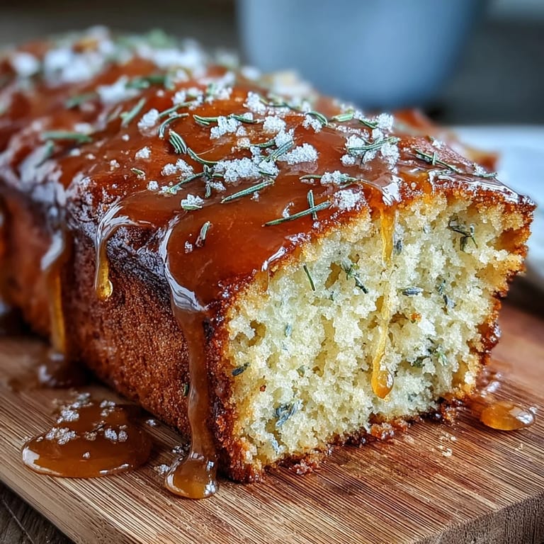 A moist lemon lavender loaf cake, infused with citrus and floral notes, drizzled with a glossy honey glaze.