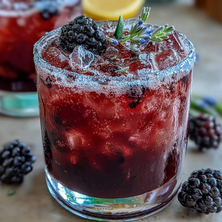 Sparkling blackberry lavender lemonade fizz with floral aroma, served over ice with a sprig of lavender for garnish.
