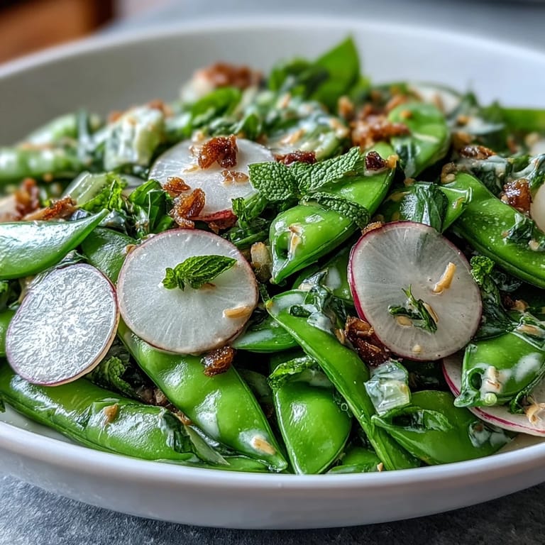 Colorful spring salad featuring snap peas, radishes, and herbs, tossed in zesty lemon tahini dressing and topped with sesame seeds.