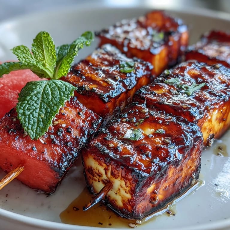 Vibrant skewers featuring charred halloumi, sweet watermelon, and fragrant mint create a refreshing vegetarian appetizer for any gathering.