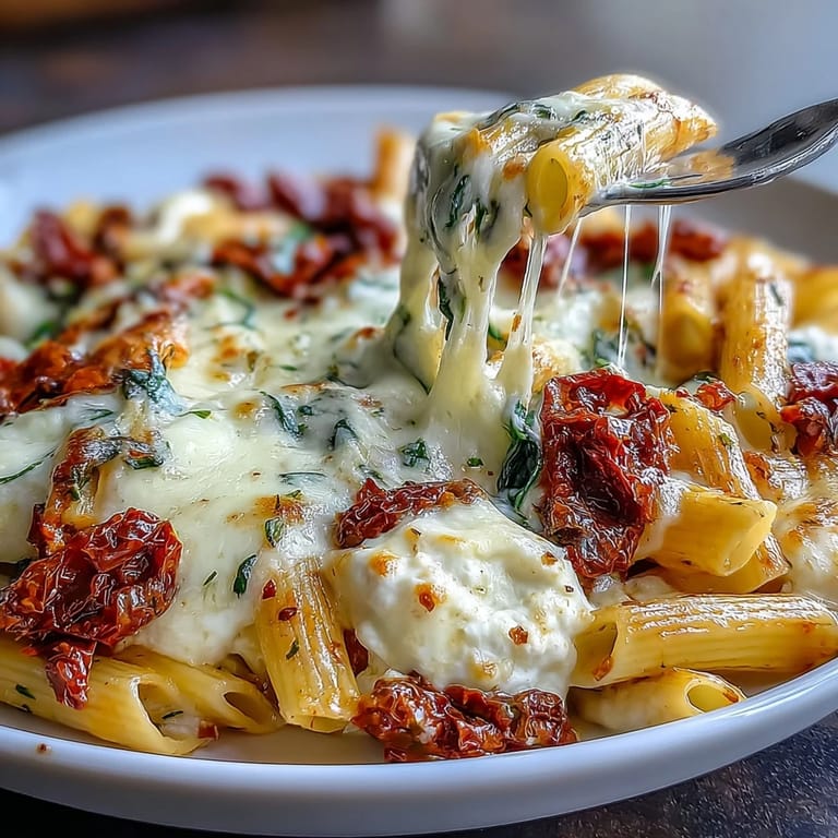 Golden-baked penne pasta with sun-dried tomatoes, spinach, and bubbling cheese, garnished with fragrant fresh basil leaves.