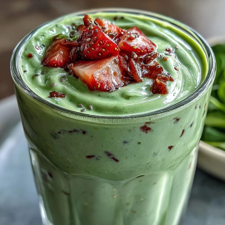 Bright pink strawberry spinach smoothie served in a tall glass with a green spinach leaf accent, perfect for a nutritious snack.