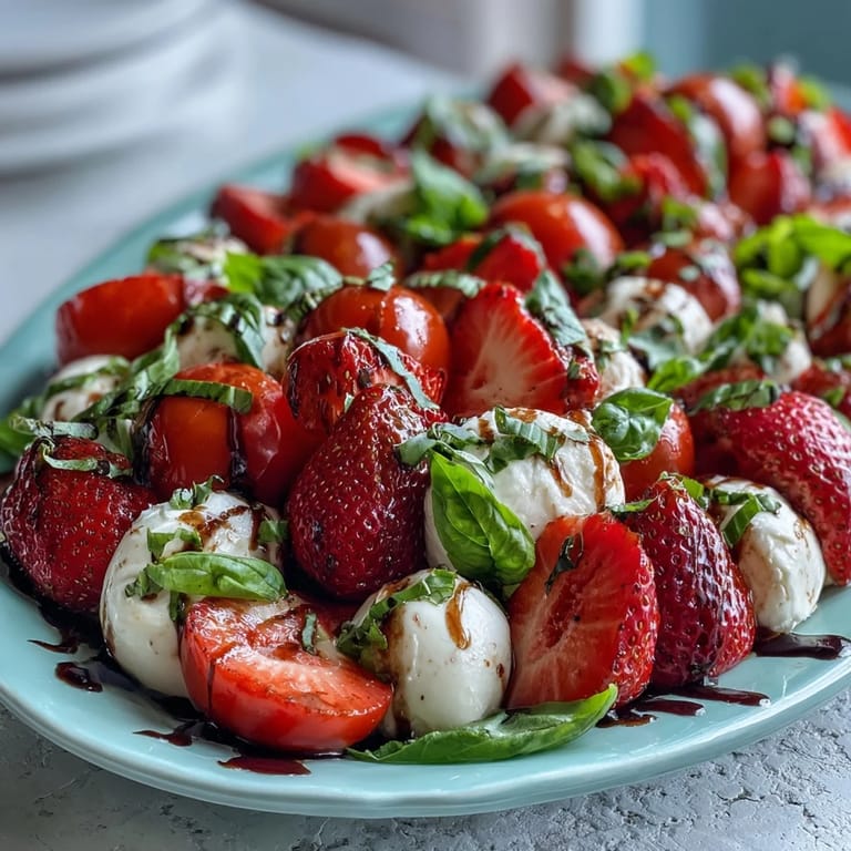Summery Strawberry Caprese Salad served with basil, glistening balsamic glaze.