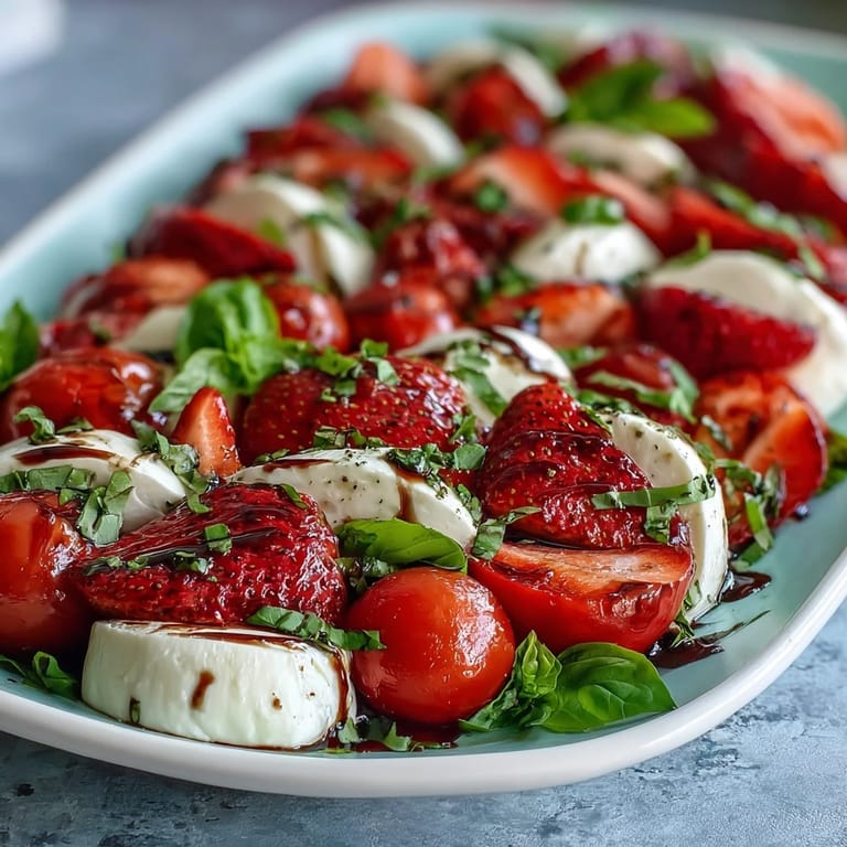 Easy Strawberry Caprese Salad, bright red strawberries, creamy cheese, easy appetizer.