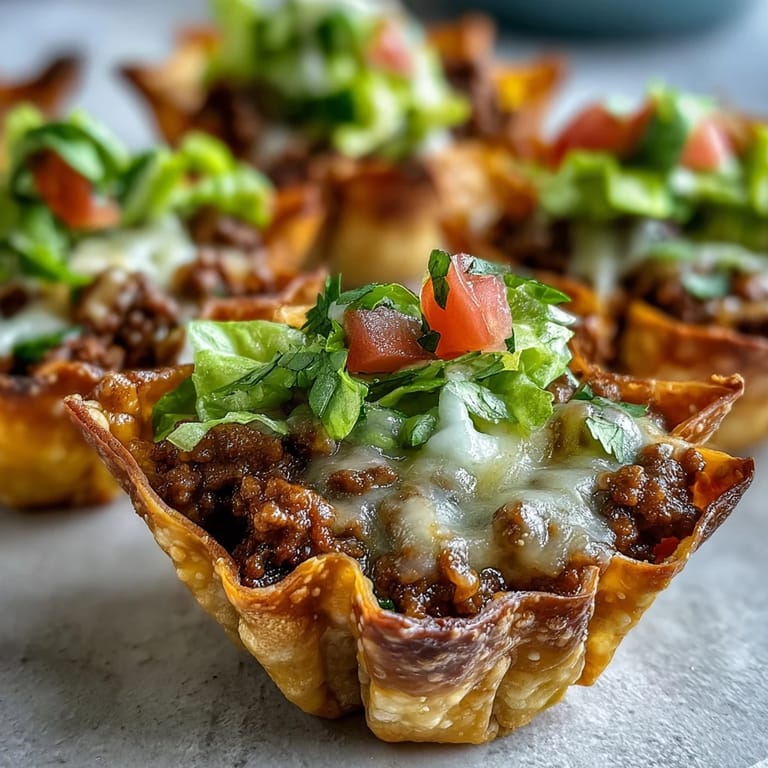Appetizer-perfect mini taco cups, featuring crunchy wonton shells and cheesy, flavorful ground beef.