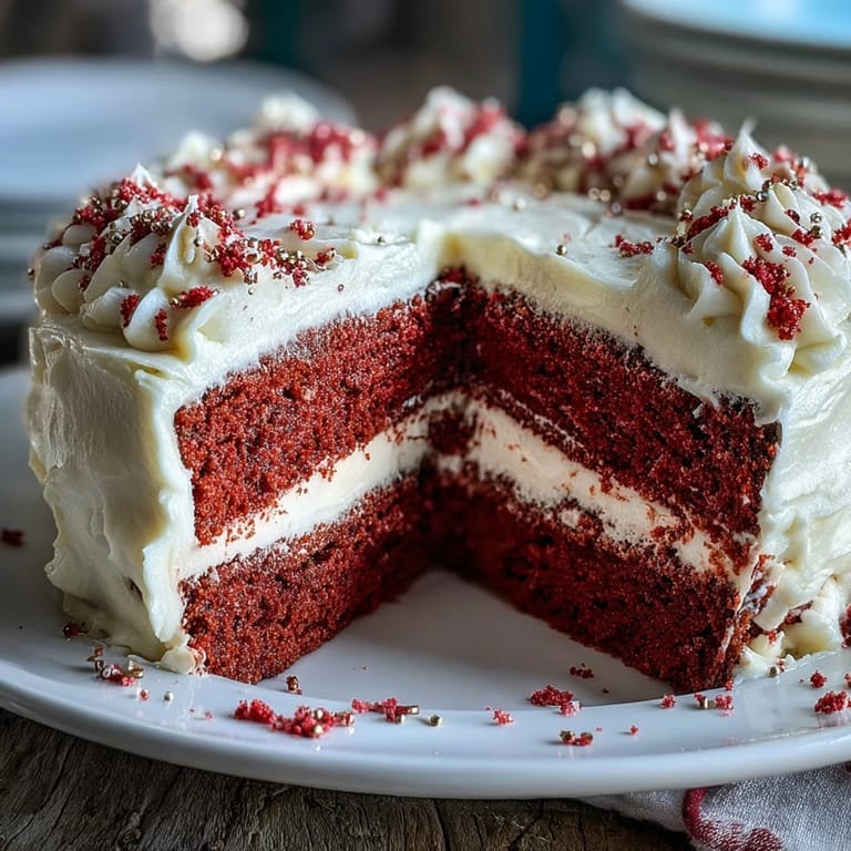 Decadent Juneteenth Red Velvet Cake, generously frosted, a true delight.