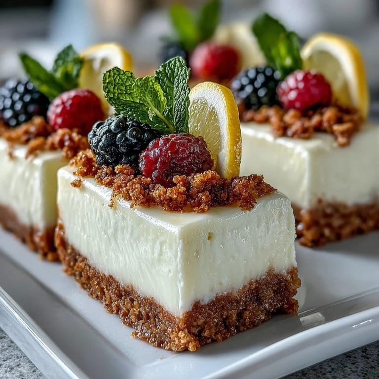Perfectly chilled Skyr Lemon Cheesecake Bars, a refreshing dessert with fresh garnish.
