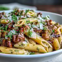 One-Pot Creamy Red Wine Sausage Pasta with tender sausage, bell peppers, and a rich, wine-infused sauce.