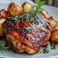 A tray of herb-roasted chicken thighs with golden potatoes and carrots, seasoned with rosemary, thyme, and lemon zest for a comforting family meal.