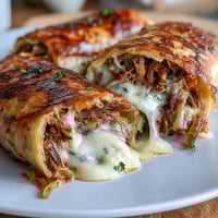 Crispy tortilla roll ups filled with roast beef, melted provolone, and crunchy fried onions, baked golden and served with warm au jus for dipping.  
