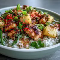 Coconut Pineapple Chicken Rice Bowls with juicy chicken, sweet pineapple, and fragrant coconut rice, garnished with fresh herbs and lime wedges.  