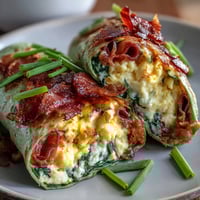 Colorful green eggs and ham breakfast wraps with spinach tortillas, fluffy scrambled eggs, savory ham, and fresh chives for a vibrant morning meal.
