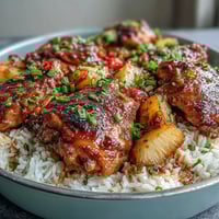 Vibrant pineapple chicken and rice bake with teriyaki glaze, topped with sesame seeds and green onions.