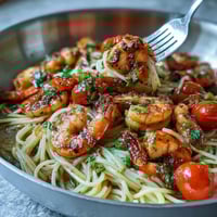 A vibrant one-pot garlic shrimp pasta with angel hair, cherry tomatoes, and fresh herbs in a lemon garlic sauce.