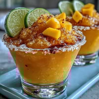Vibrant frozen mango margarita mocktail with lime, orange, and Tajín rim in chilled glasses.
